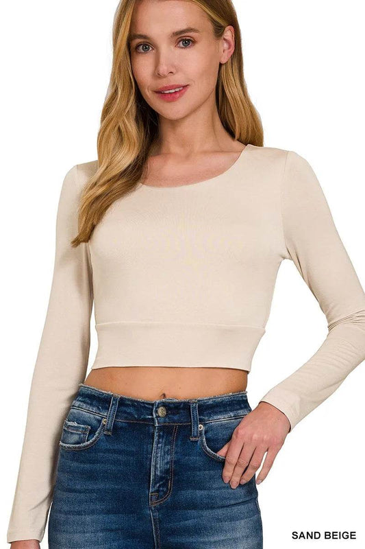 Zenana Double Layered Long Sleeve Cropped Round Neck T-Shirt SAND BEIGE Trendsi 8778df1fb28a4ced9da4c6581f174591-Max-Origin