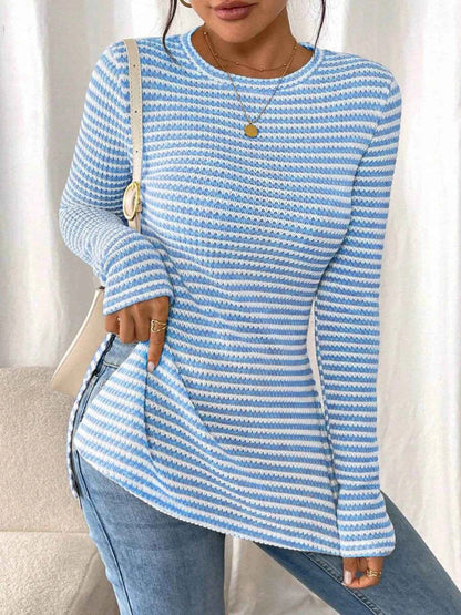 Side Slit Striped Long Sleeve T-Shirt Trendsi 87ab513aac9046dcbc2bac8a7b7be10a-Max-Origin