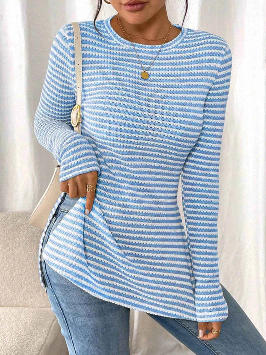 Side Slit Striped Long Sleeve T-Shirt Trendsi 87ab513aac9046dcbc2bac8a7b7be10a-Max-Origin