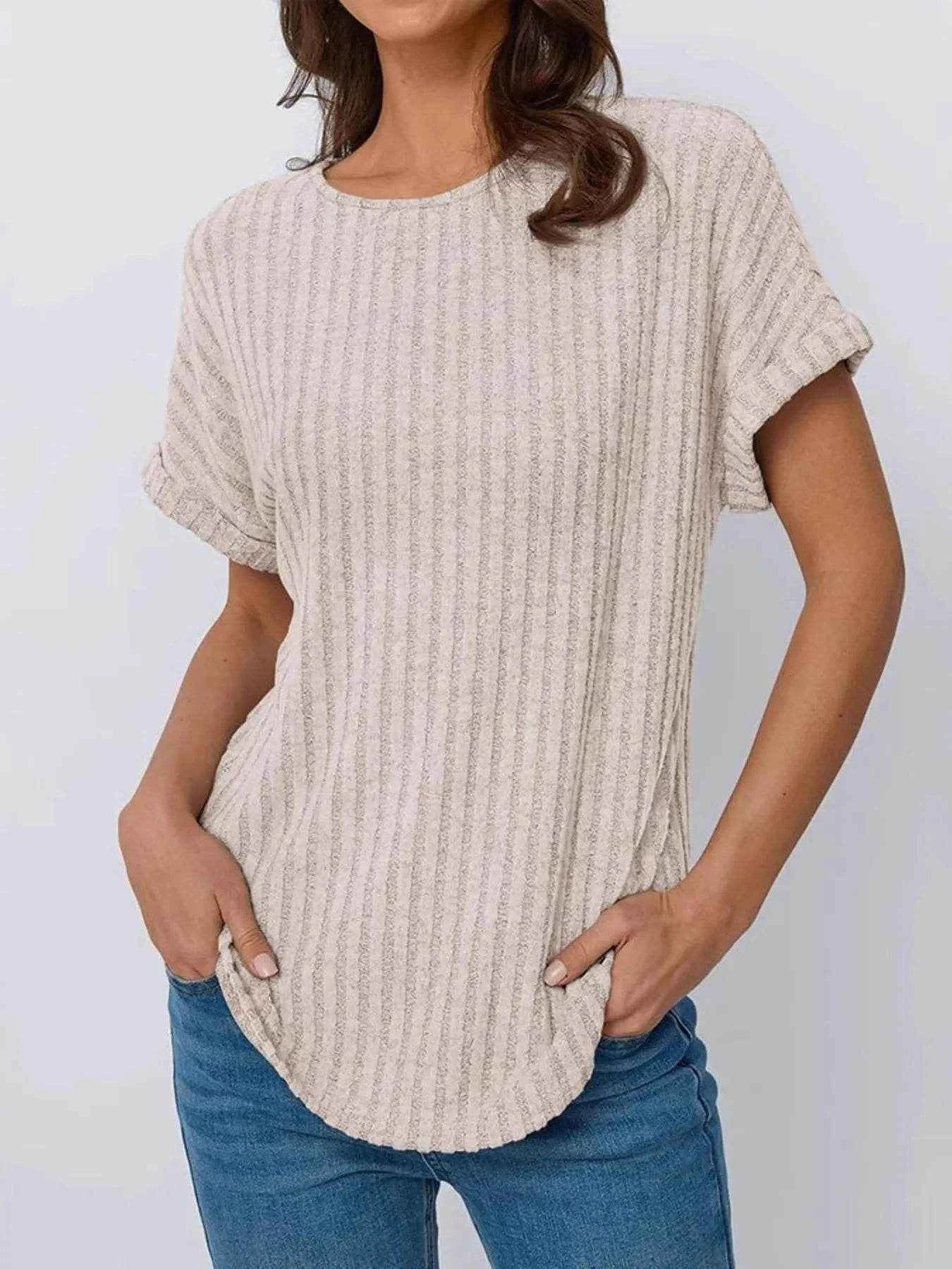 Casual Ribbed Knit Short Sleeve T-Shirt Eggshell Trendsi 87b7a7ab8c41403eb606045c51cfa3fd-Max-Origin
