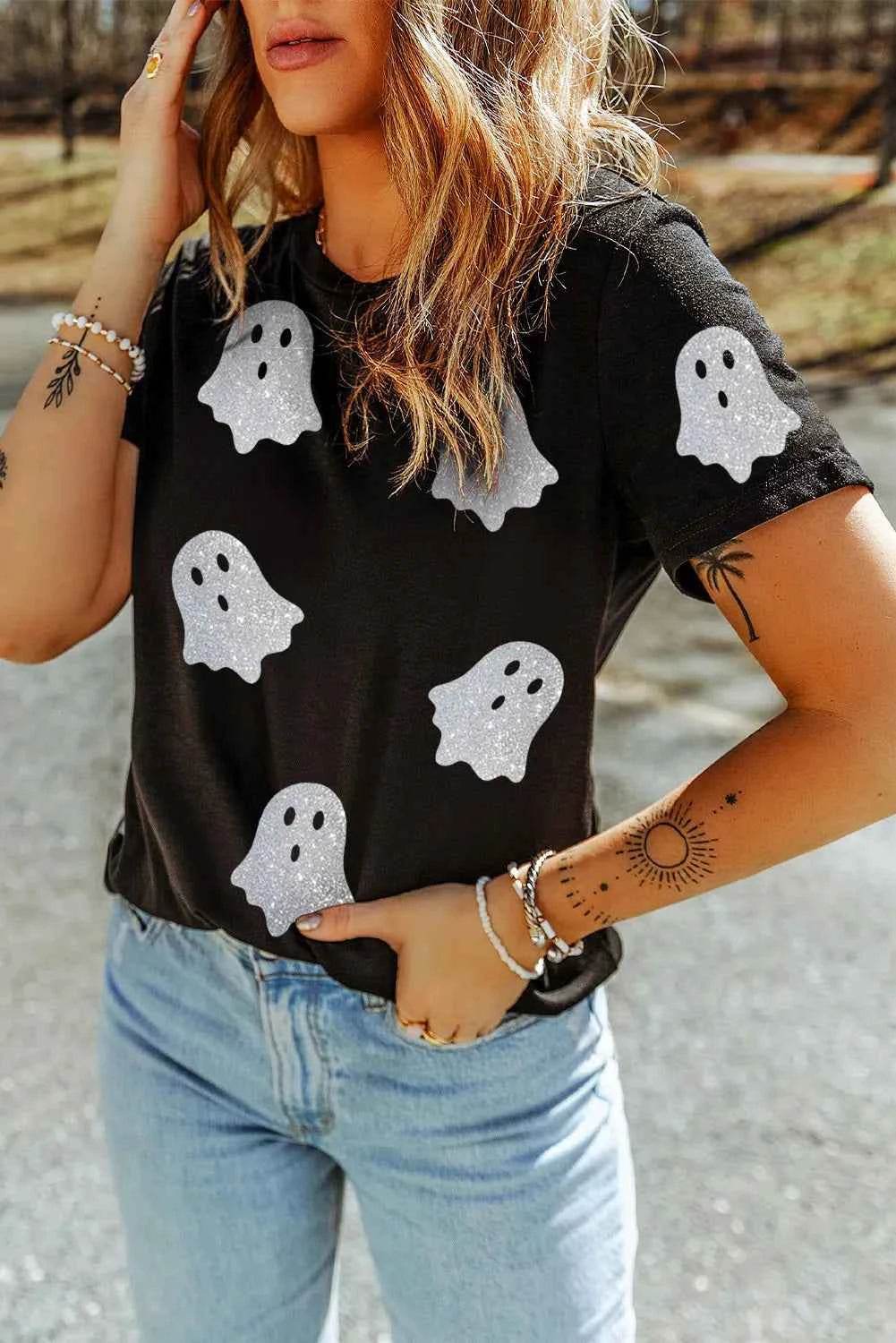 Glitter Ghost Round Neck Short Sleeve T-Shirt Trendsi 87bd9a15-3207-406b-9b72-d031d3459ffd-Max