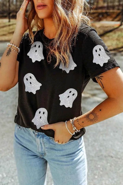 Glitter Ghost Round Neck Short Sleeve T-Shirt Trendsi 87bd9a15-3207-406b-9b72-d031d3459ffd-Max