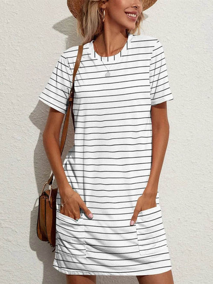 FAM-FAM Pocketed Striped Round Neck Short Sleeve Dress White Trendsi 87fc120d-305a-4090-9943-ba1fed26b857-Max