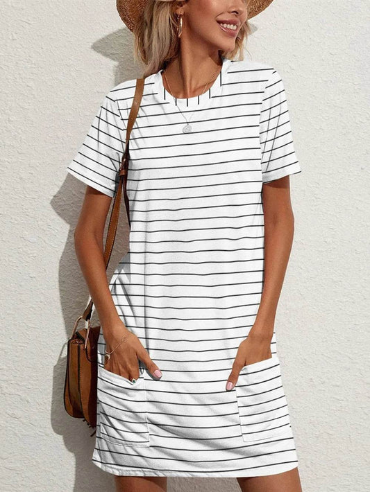 FAM-FAM Pocketed Striped Round Neck Short Sleeve Dress White Trendsi 87fc120d-305a-4090-9943-ba1fed26b857-Max