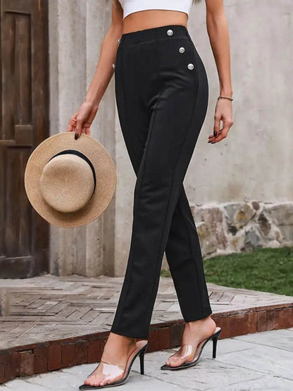 Decorative Button Elastic Waist Pants Trendsi 881232da-1d7b-452d-9fb1-70a075b56f5a-Max