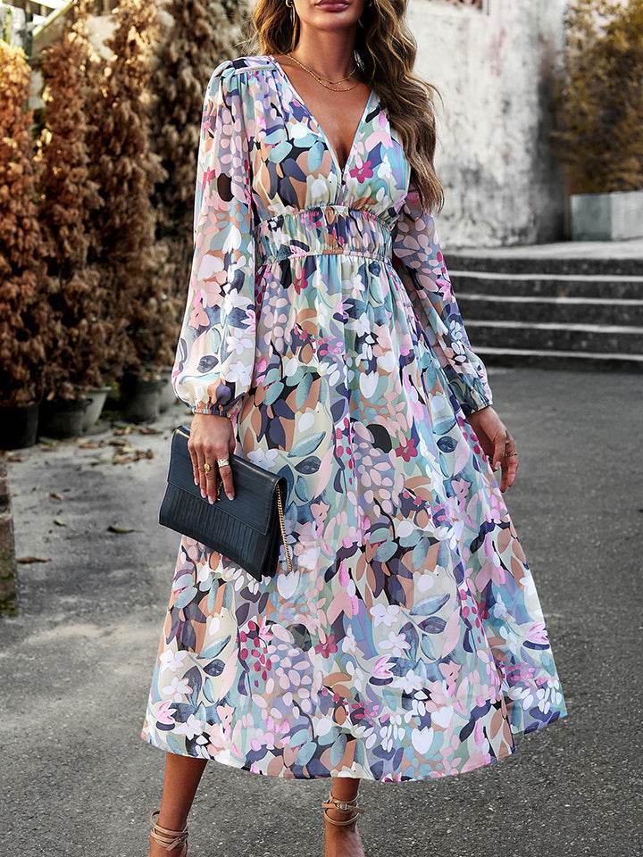 Devine Printed V-Neck Long Sleeve Midi Dress Multicolor Trendsi 881be49a67c842adaea07cbdddf91d64-Max