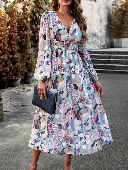 Devine Printed V-Neck Long Sleeve Midi Dress Multicolor Trendsi 881be49a67c842adaea07cbdddf91d64-Max