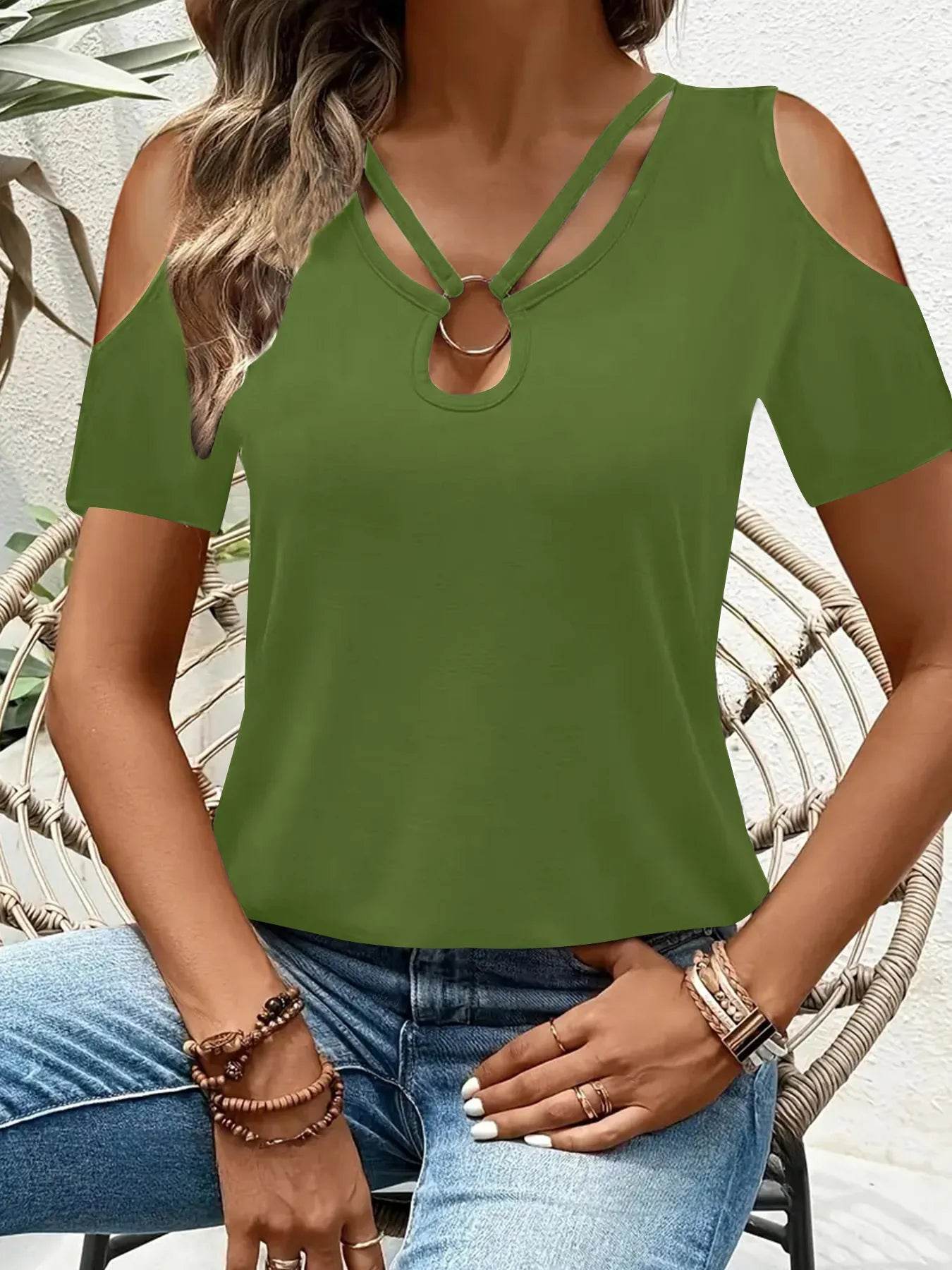 Cold Shoulder T-Shirt with Metal Ring Detail Army Green Trendsi 884885c8d6414bb1ab304fc9536c091e-Max-Origin