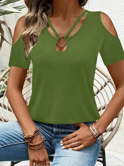 Cold Shoulder T-Shirt with Metal Ring Detail Army Green Trendsi 884885c8d6414bb1ab304fc9536c091e-Max-Origin