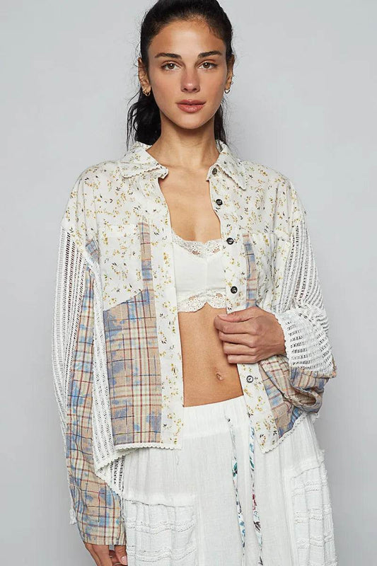 POL Floral Slit Back Plaid Patchwork Shirt Ivory Trendsi 8870ba4e-962c-453b-82f9-595ca6dc6fd6-Max-Origin
