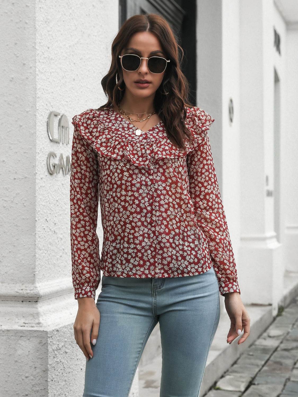 Printed Statement Collar Long Sleeve Blouse Trendsi 8873eb52d5e245a8b875787b933913ad-Max