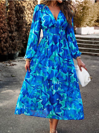 Devine Printed V-Neck Long Sleeve Midi Dress Cobalt Blue Trendsi 8873f98b474f400da1a4260857461d5b-Max