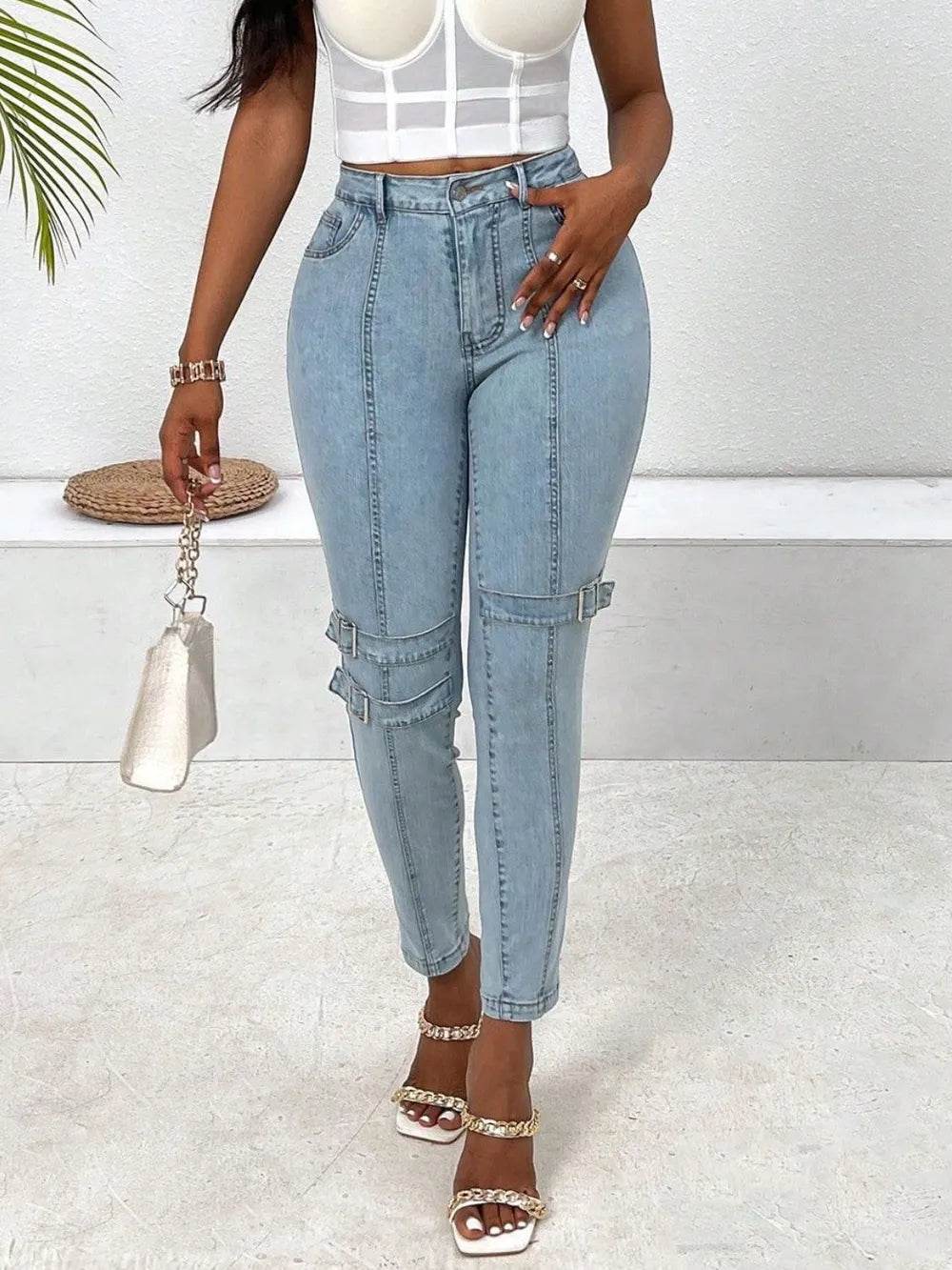 Decorative Buckle Skinny Jeans with Pockets Trendsi 887ab59a-1090-44cd-9db3-f5d968903c88-Max