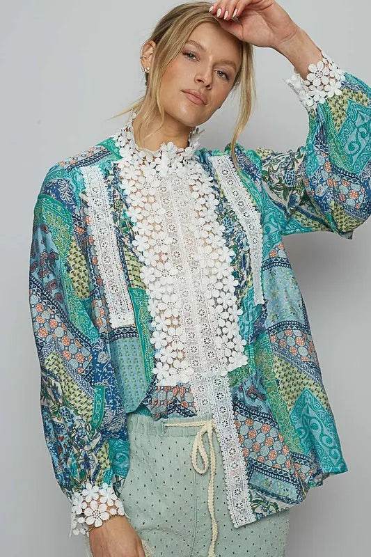 POL Lace Detail Printed Button Down Shirt Trendsi 889ee060-fc5b-4086-bf9e-3cbbfaf83ea5-Max