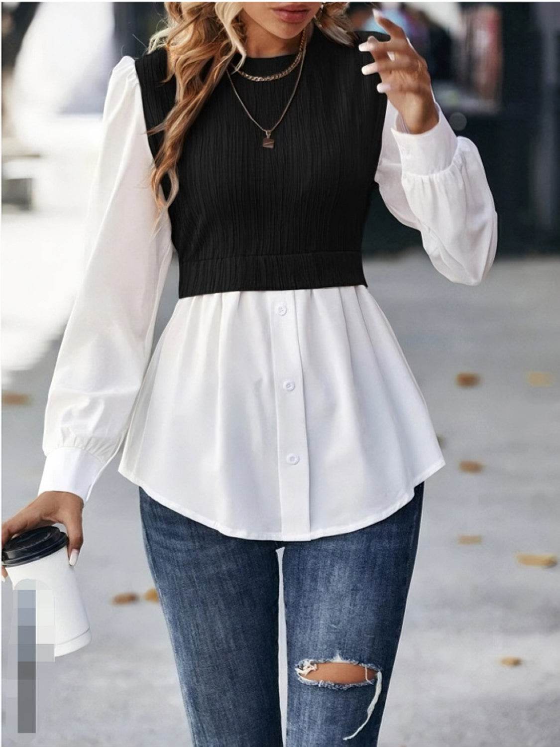 Contrast Round Neck Puff Sleeve Blouse Trendsi 889ff3a7652b4b3da4b36a36cc69f94e-Max