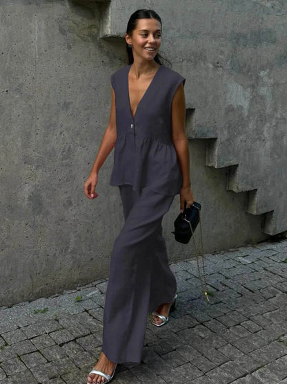 V-Neck Vest and Pants Set Gray Trendsi 88fc39a465cc474395a88965e1221c9b-Max-Origin