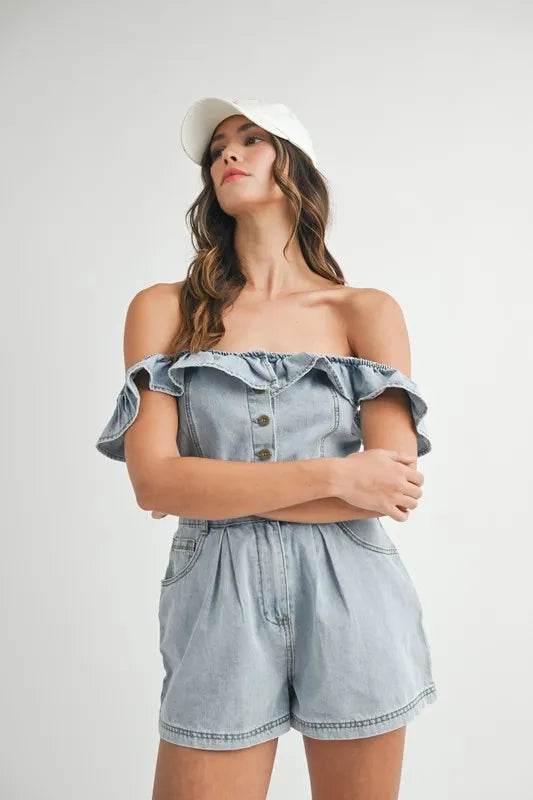 MABLE Off Shoulder Ruffle Detail Denim Romper Trendsi 88fc63355fd0491081ee20470a2d8e23-Max-Origin