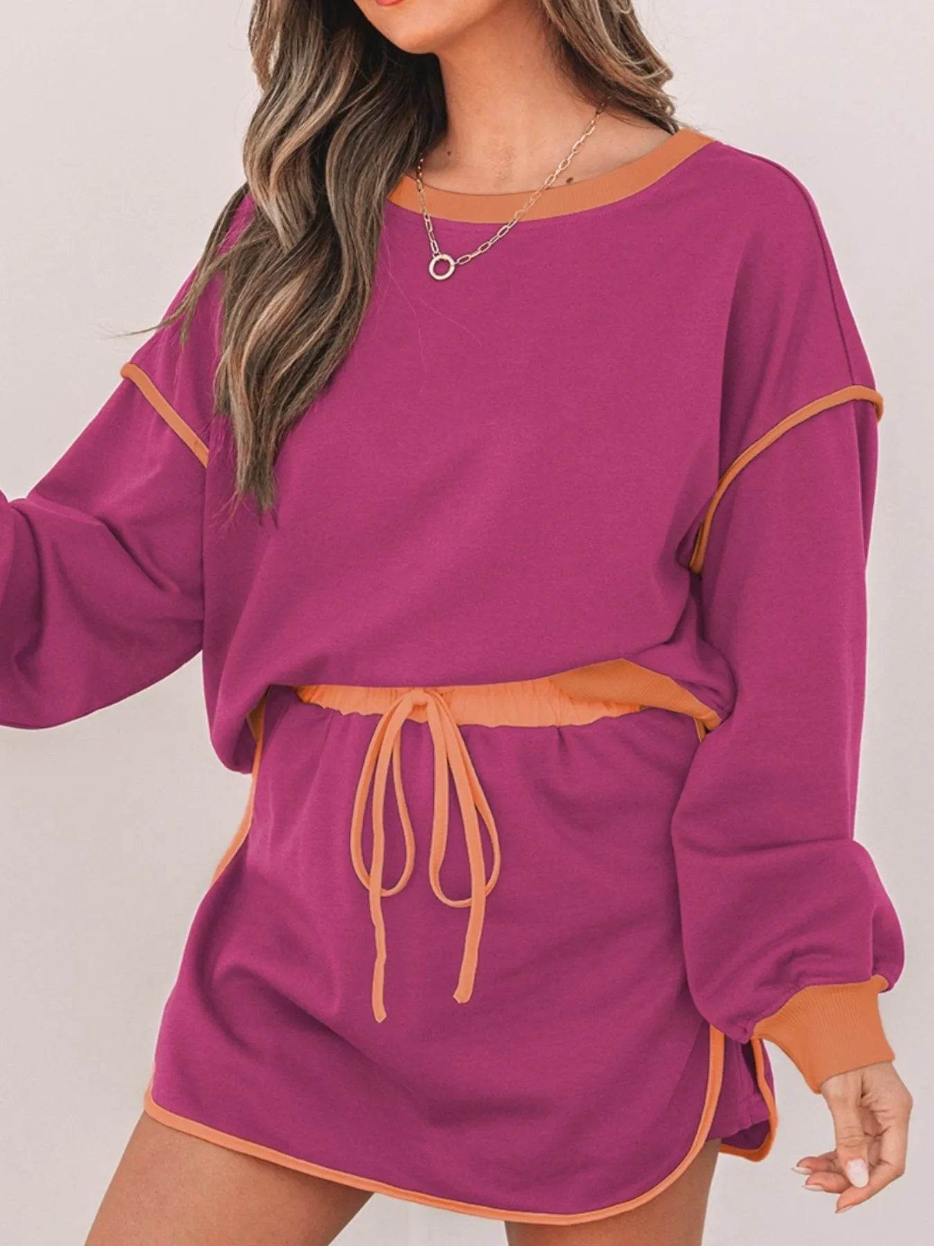 Contrast Trim Long Sleeve Top and Skort Set Cerise Trendsi 89041c0f-93ec-4b66-861e-b152487e1e13-Max-Origin