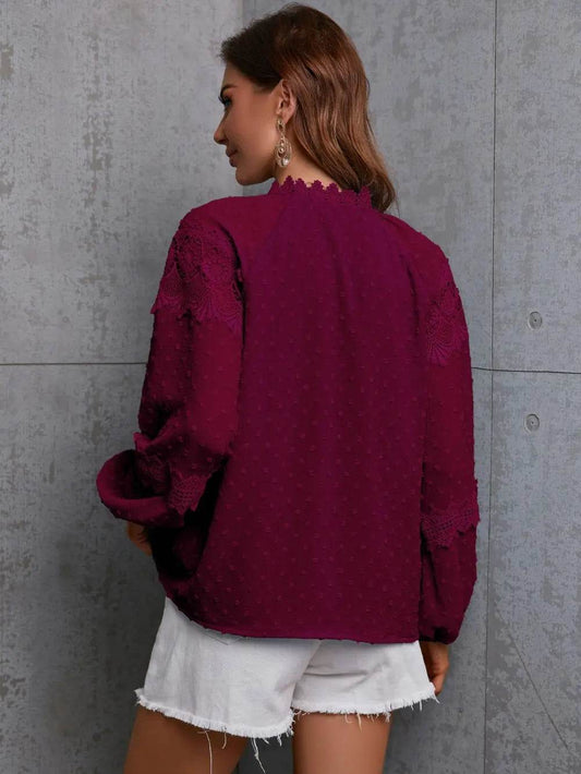 Crochet Tassel Tie Neck Long Sleeve Blouse Trendsi 8907b468356548d9a7cd8ce66a21bd74-Max