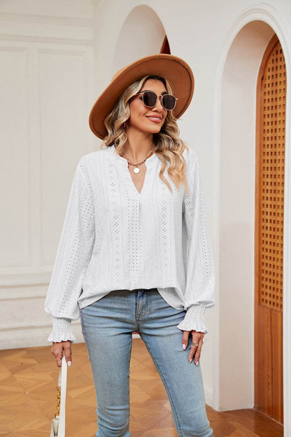 Notched Neck Flounce Sleeve Blouse Trendsi 894c9269f3334461babea5811f3ab47f-Max