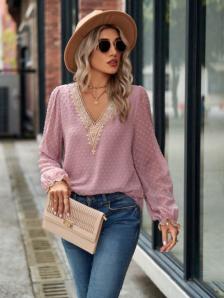 Swiss Dot V-Neck Long Sleeve Blouse Trendsi 89c1e062f2c4433f9579dab39418e360-Max