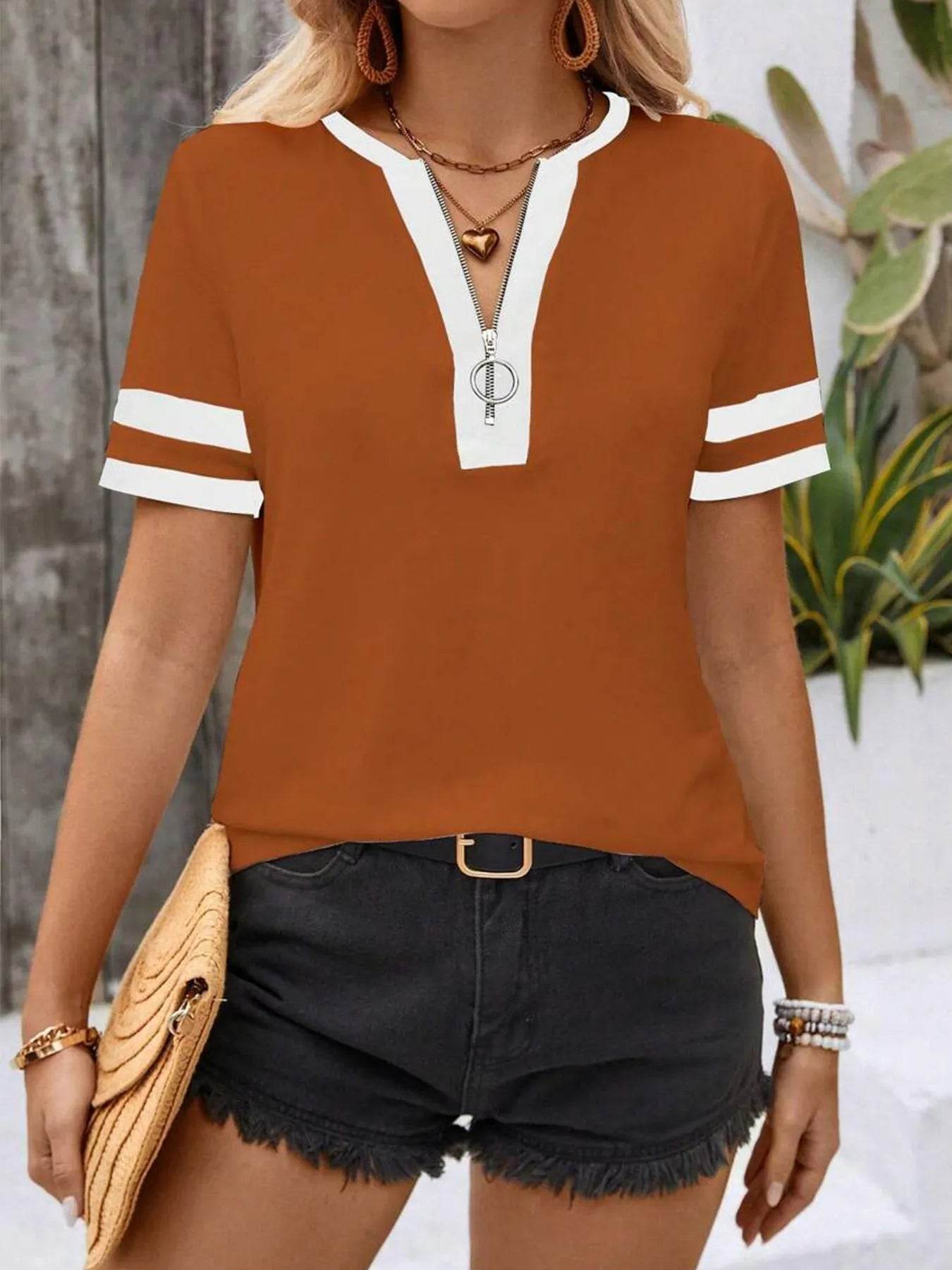 Striped Short Sleeve Half Zip Top Trendsi 89c5b978d0a14c2bae56c98ef4ed9cee-Max-Origin