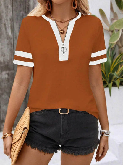 Striped Short Sleeve Half Zip Top Trendsi 89c5b978d0a14c2bae56c98ef4ed9cee-Max-Origin