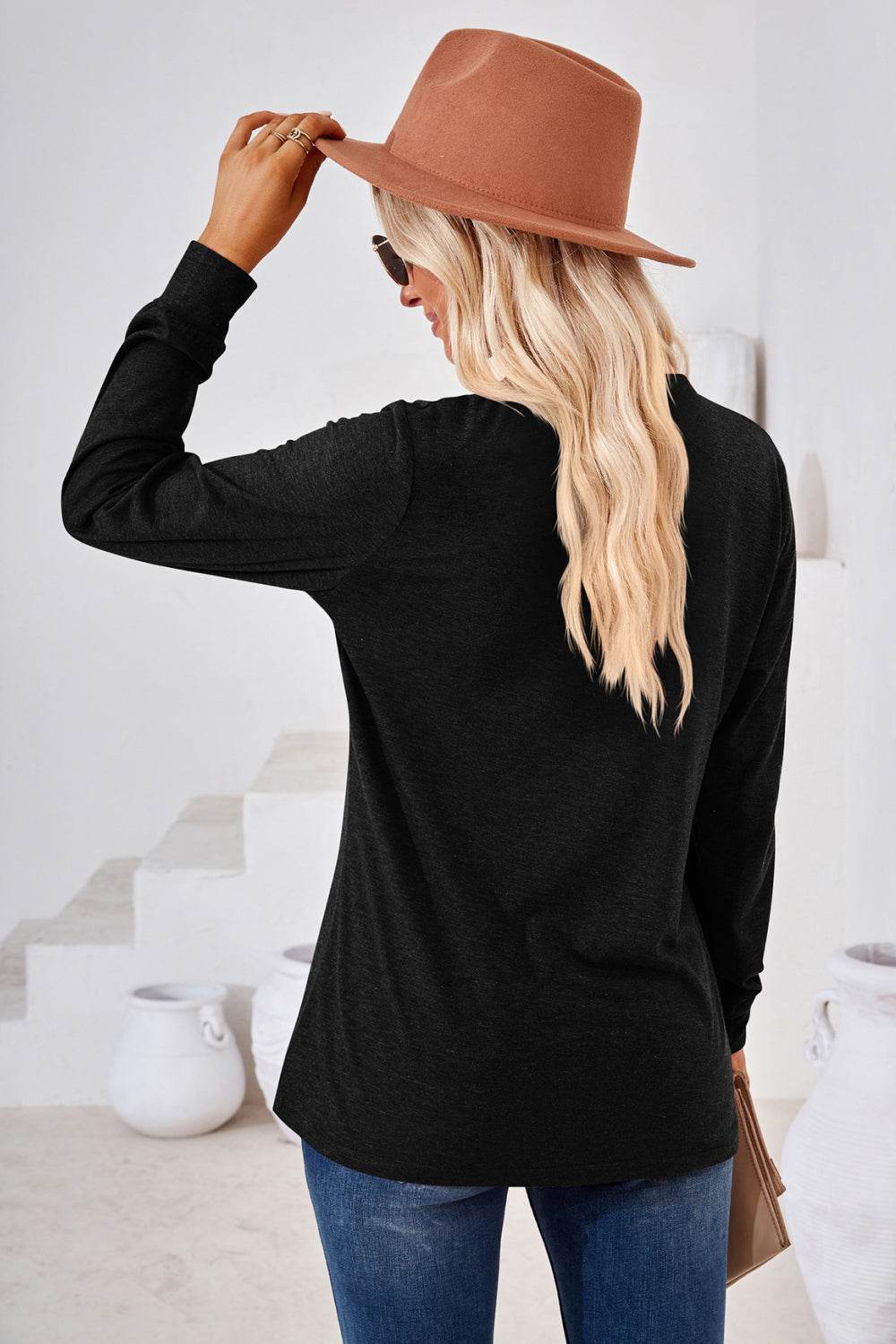 V-Neck Buttoned Long Sleeve Blouse Trendsi 89cf51ff8ad147dd9c3492e839a720b9-Max