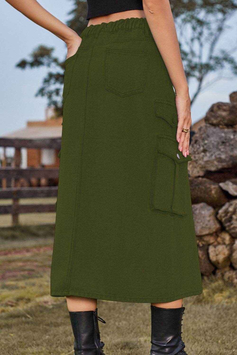 Slit Front Midi Denim Skirt with Pockets Trendsi 89ed10f0e07a4e50ae3c24bdb4ba1a6a-Max
