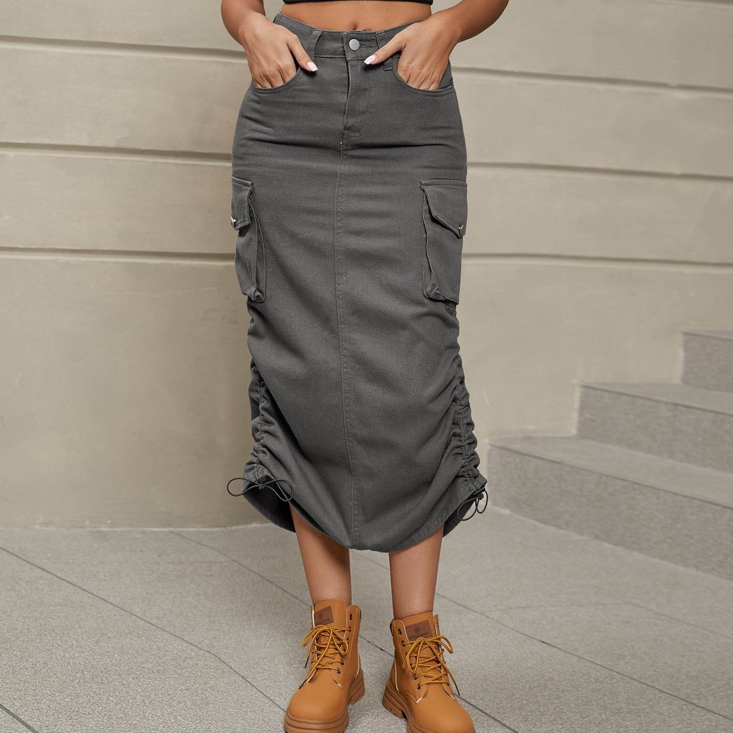 Drawstring Ruched Slit Denim Midi Skirt Trendsi 8a06a81bc1f94d6189bd052548c70fed-Max