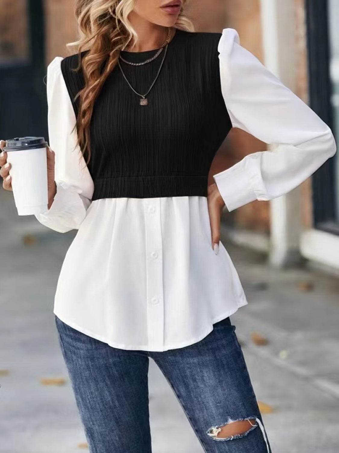 Contrast Round Neck Puff Sleeve Blouse Trendsi 8a06e9f869ec44038a5dad81b7e3a75c-Max