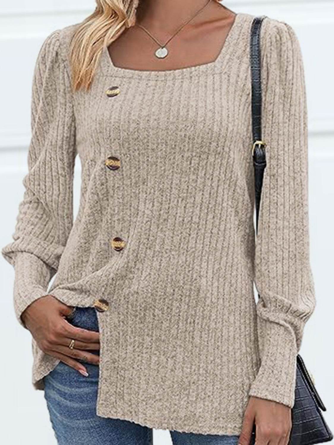 Decorative Button Square Neck Top Trendsi 8a36c5f360ee438d8fb80d5921840068-Max