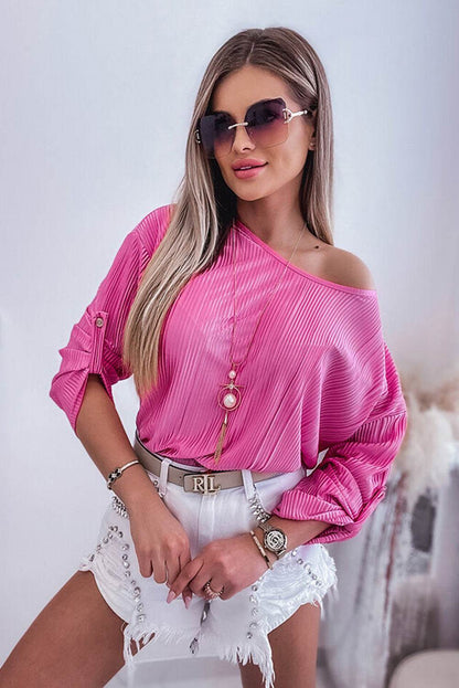 Round Neck Roll-Tab Sleeve Blouse Trendsi 8a3e31b28bfc4149a22d407937347f8f-Max