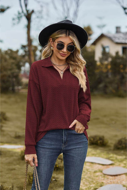 Collared Neck Cable-Knit Long Sleeve Blouse Burgundy Trendsi 8a58f217a7a640c493283d541745c22d-Max