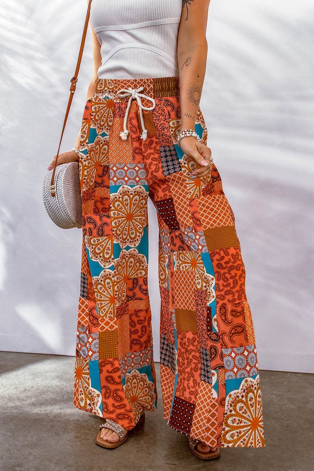 Bohemian Patchwork Drawstring Wide Leg Pants Trendsi 8a686bf3f0e648ed826db2f90a38922c-Max