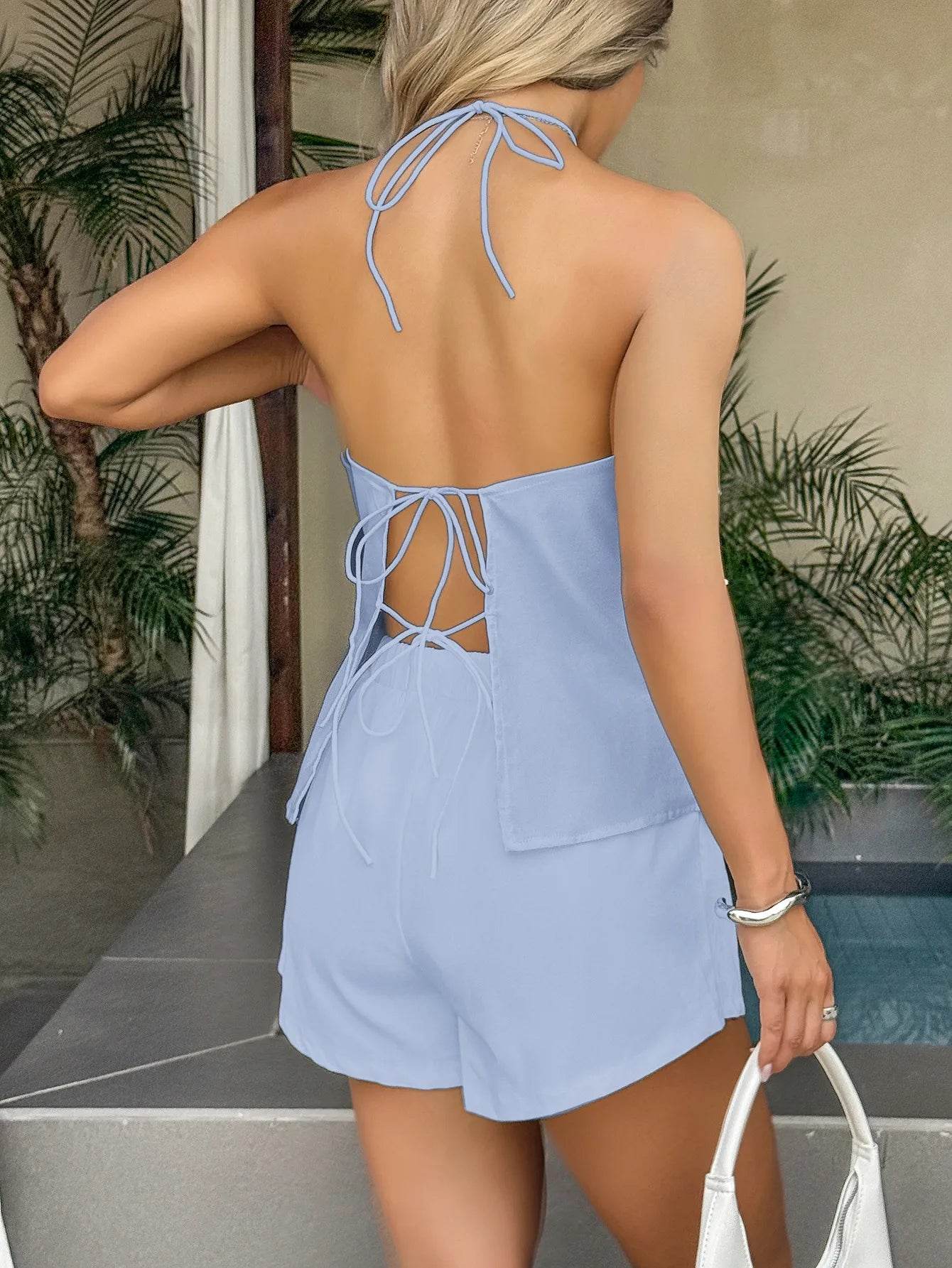 Tied Front Halter Neck Cami and Shorts Set Trendsi 8aa38343-7d77-4cba-9dfc-522664aa970d-Max-Origin