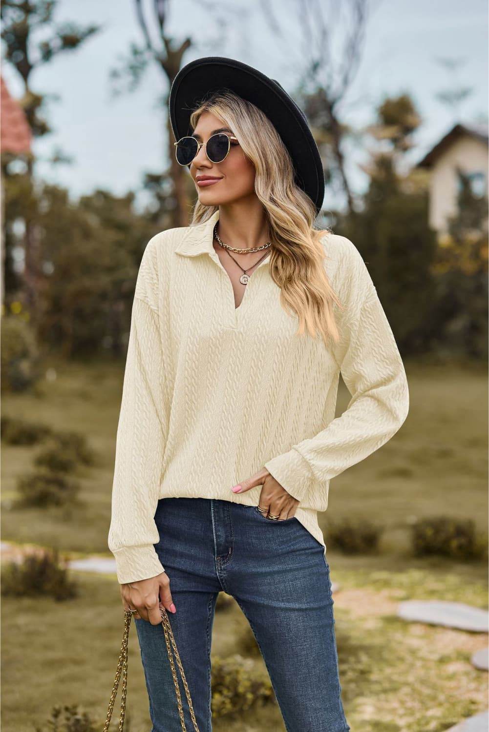 Collared Neck Cable-Knit Long Sleeve Blouse Trendsi 8ad533ec3ea24a608a5a7130a74f8ee9-Max