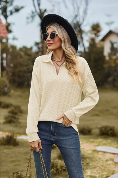 Collared Neck Cable-Knit Long Sleeve Blouse Trendsi 8ad533ec3ea24a608a5a7130a74f8ee9-Max