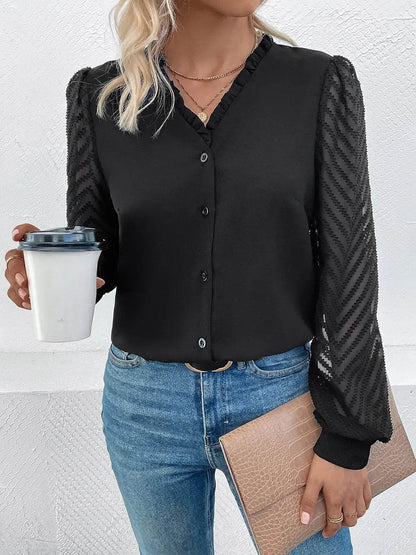 Perfee Mesh V-Neck Button Front Blouse Trendsi 8ae3369496ac4bdb831bdb7eefc2c0cc-Max