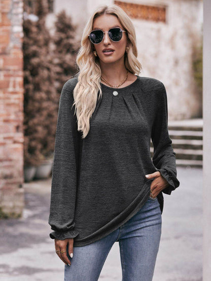 Mandy Long Flounce Sleeve Round Neck Blouse Dark Gray Trendsi 8b02eca75f5c4634a9733113fc25cb7a-Max