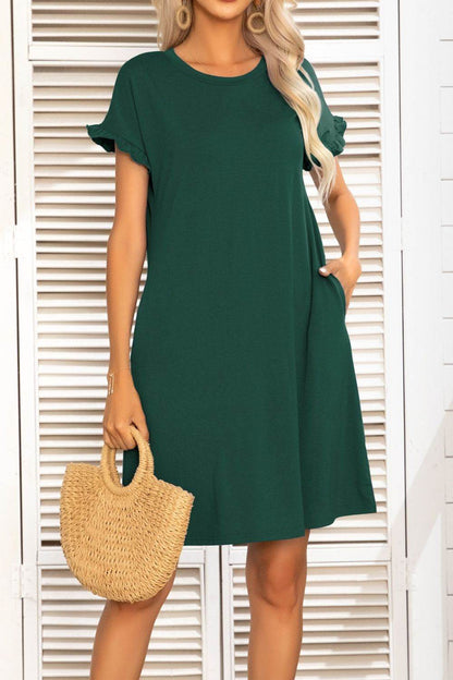 Flounce Sleeve Round Neck Dress with Pockets Forest Trendsi 8b0d42809d3b4250b1efc40427c882bc-Max