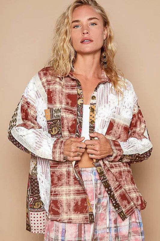 POL Crochet Plaid Patchwork Button Up Shirt Trendsi 8b1439b3-95c4-4187-ab88-03c93fb74efd-Max