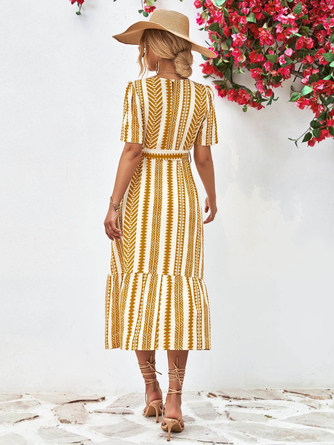 Striped Tie Belt Round Neck Puff Sleeve Dress Trendsi 8b3e05a24d3e47a1bea27962dd857bbc-Max