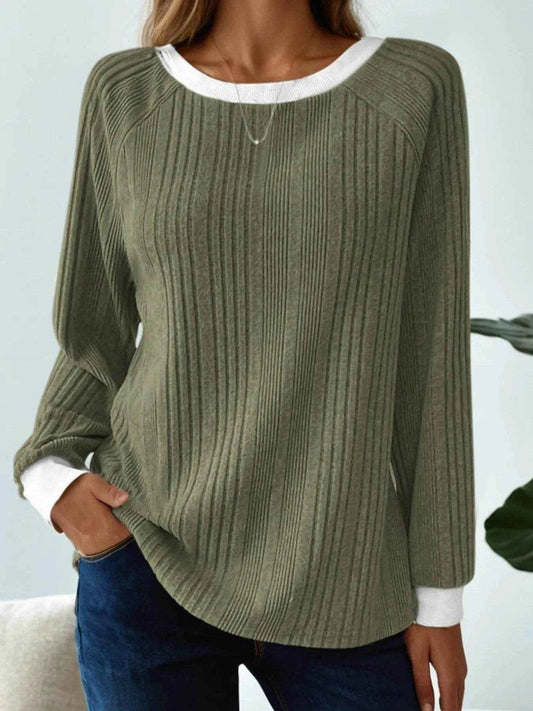 Ribbed Contrast Cuffed Round Neck Long Sleeve T Shirt Moss Trendsi 8b4257847b3e4c5883d61912c97f0a3a-Max-Origin