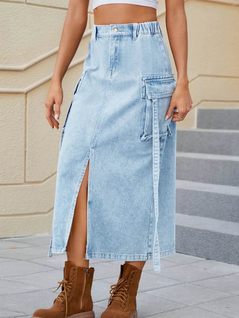 Slit Pocketed High Waist Denim Skirt Trendsi 8b856c30-5953-49fe-823c-00cfd35dba19-Max