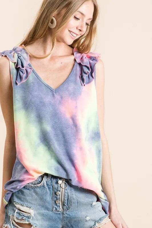 BiBi Tie Dye French Terry V Neck Top with Ruffle Trendsi 8b88738348ab47d5827828ac43ade1e4-Max-Origin