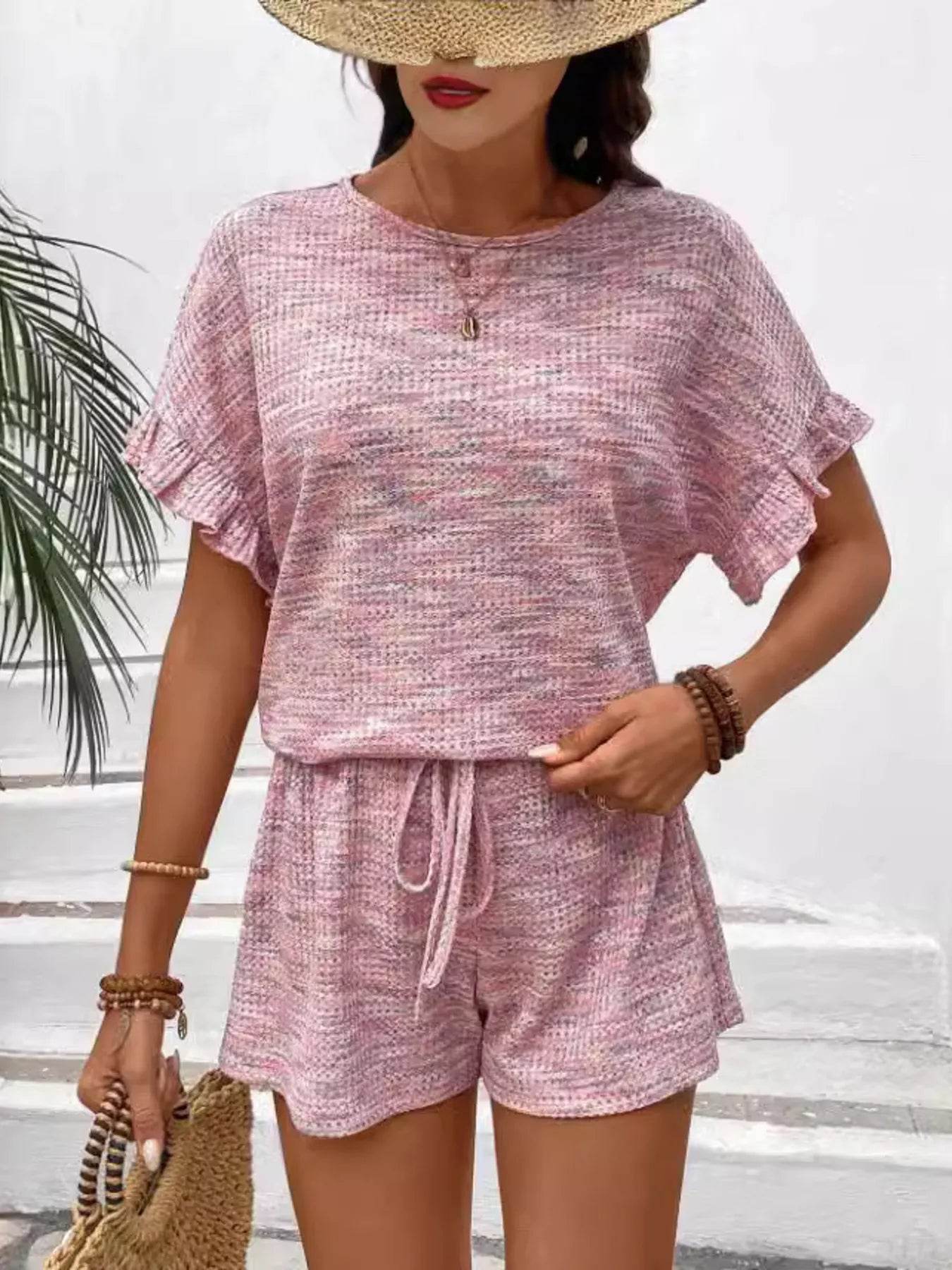 Heathered Round Neck Top and Shorts Set Trendsi 8b9ae27031b34b40bd58be350bd2afec-Max-Origin