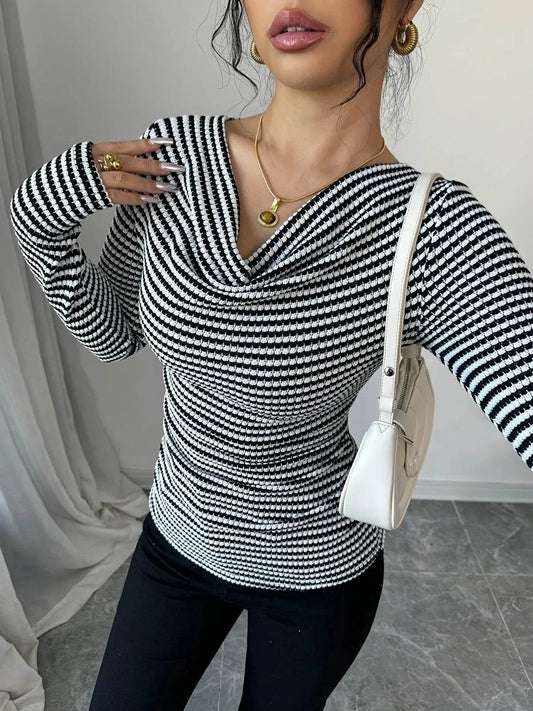 Striped Cowl Neck Long Sleeve T-Shirt Black Trendsi 8bb21d4f795246efbec57ed28cff9b9e-Max-Origin