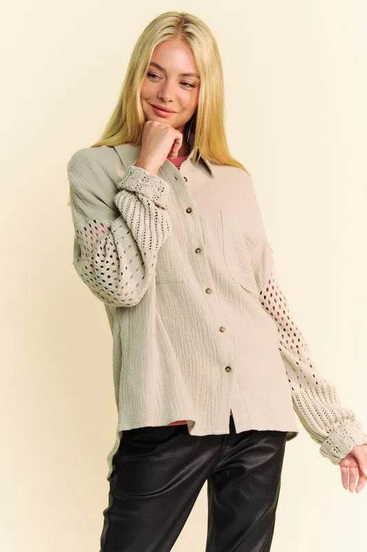 Davi & Dani Crochet Sleeve Crinkled Texture Shirt Trendsi 8bbcc600-1ddf-46e4-be15-9aeb77a5abbb-Max
