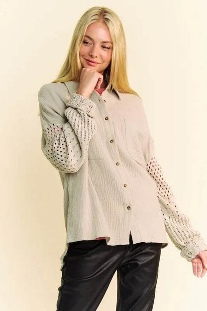 Davi & Dani Crochet Sleeve Crinkled Texture Shirt Trendsi 8bbcc600-1ddf-46e4-be15-9aeb77a5abbb-Max